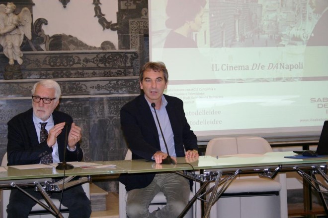 Nicola Giuliano con Valerio Caprara al Suor Orsola Benincasa dove si è parlato della Cinecittà napoletana