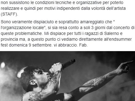Annullato il concerto di Fabrizio Moro per il Bellizzi Summer Fest. Il post di Facebook.