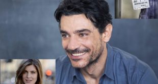 Due immagini di Giuseppe Zeno e Vittoria Puccini insieme sul set di Mentre ero via. Foto dal Web