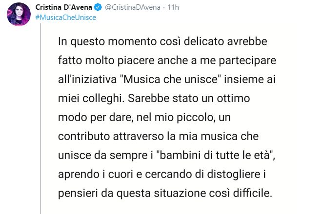 Lo sfogo di Cristina D'Avena su Musica Che Unisce