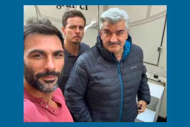 Francesco Arca, Arturo Muselli e Antonio Milo sul set a Napoli. Foto da Instagram