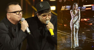 Gigi D'Alessio con Geolier ed Angelina Mango per la serata cover di Sanremo 2024. Foto dal Web